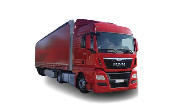 Czerwony MAN zestaw TIR plandeka